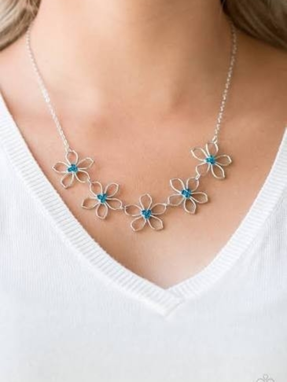 Silver Floral Necklace with Blue Centers - Women Jewelry